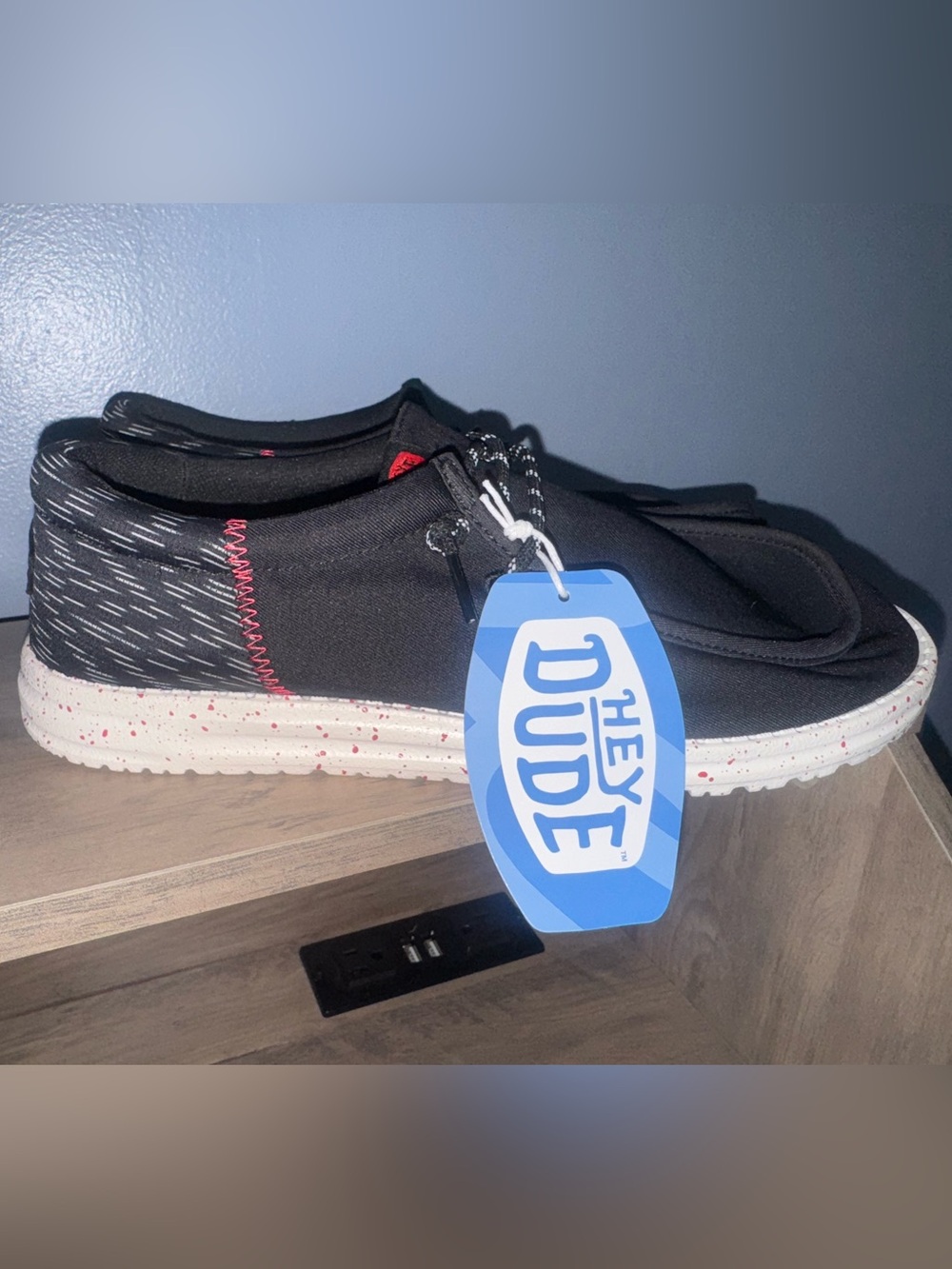 Hey Dude Men's 9 Black Sneakers with White Speckled Sole and Red Stitching